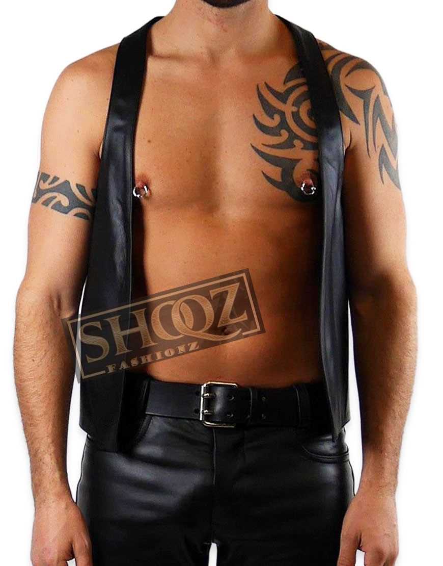 Gilet Open Front Hot Cropped Male Black Leather Vest 